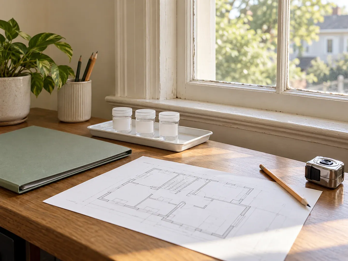 Floor plan, folder, sealed sample containers and a tape measure on a desk beside a painted window