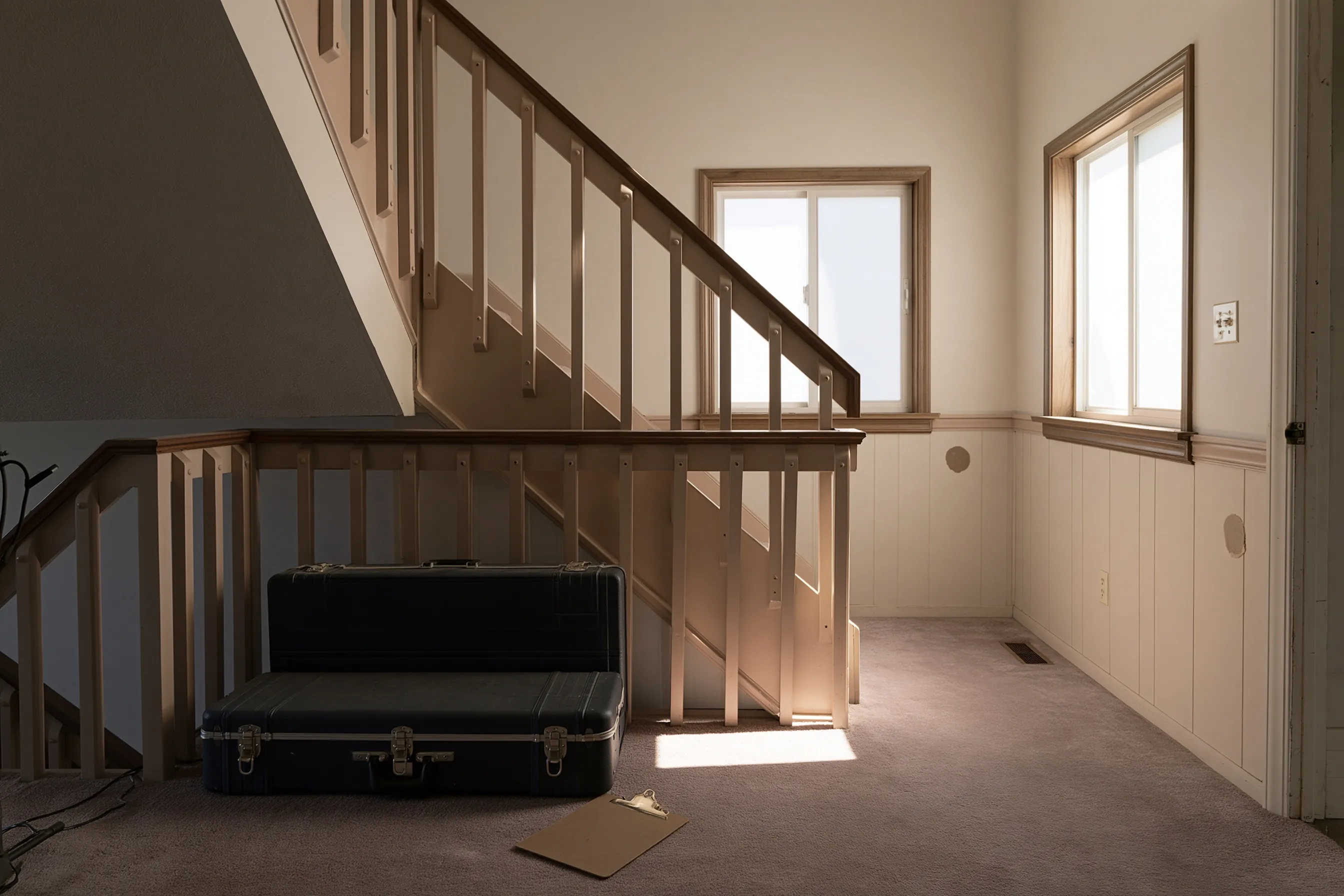 Split-level stair landing with pale wood railings, paneled wainscot with two small round marks, a closed hard case and a clipboard